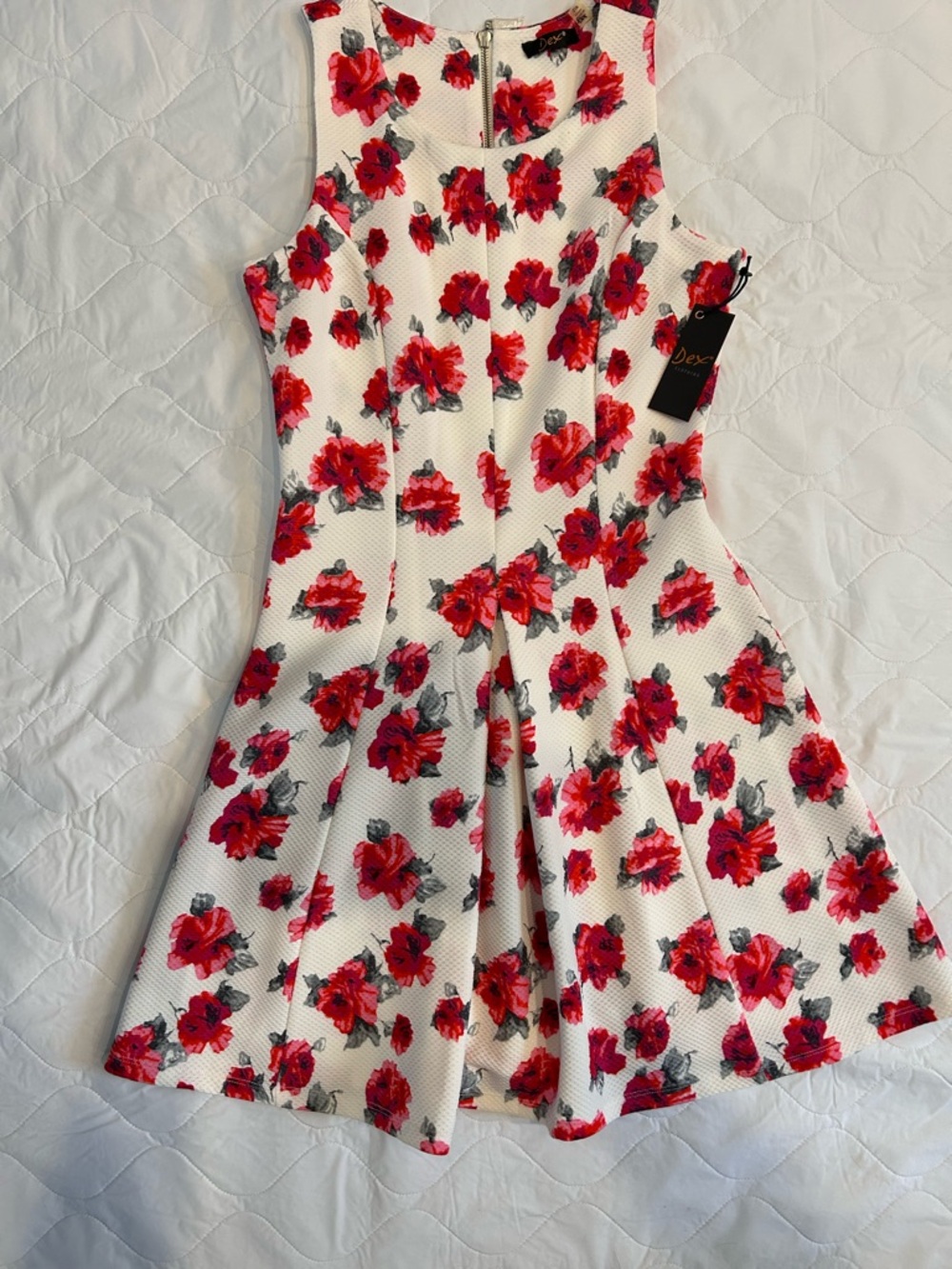 Dex White Dress with Red and Pink Floral Print